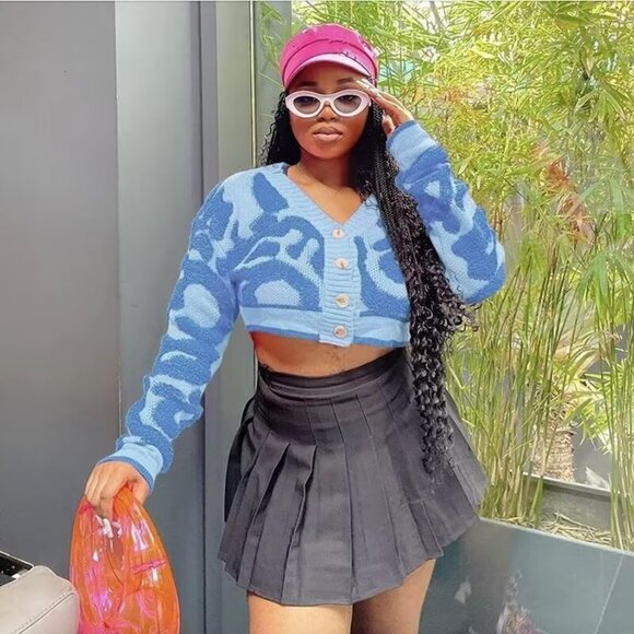 Women's Fashion Button Down Cardigan Sweaters Fall Slim Crop Knit Typed-Blue - Picture 2 of 5